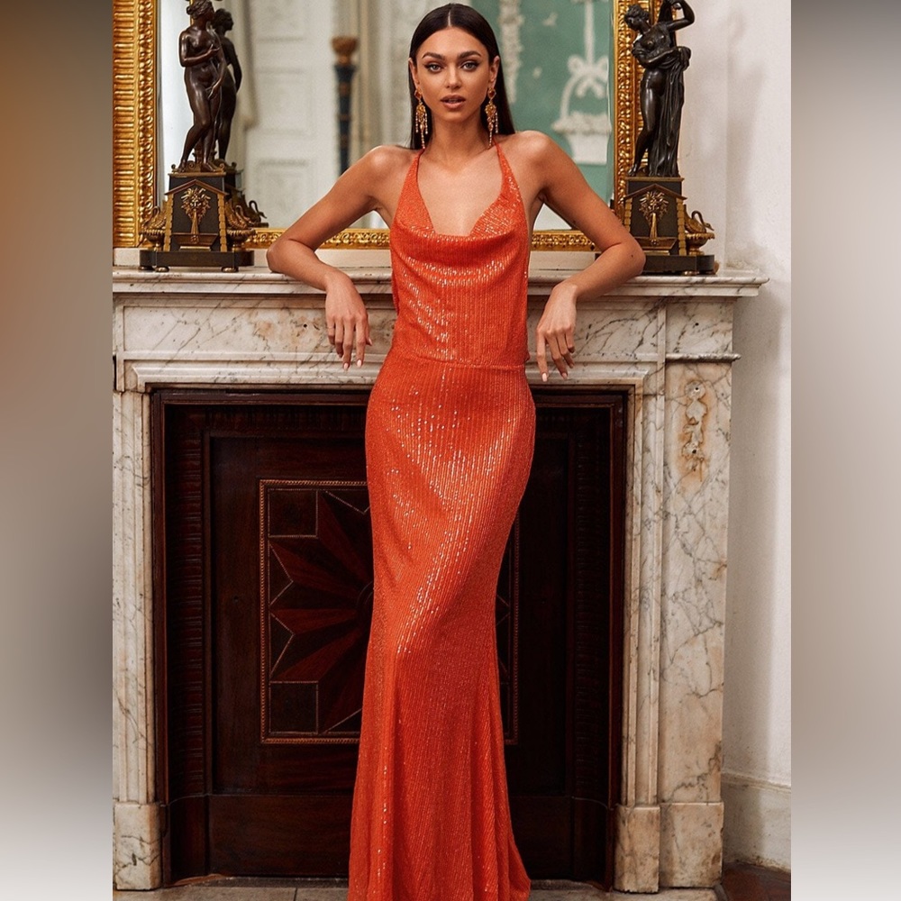 No tags alamour the label Stella Orange Sequin Dress.